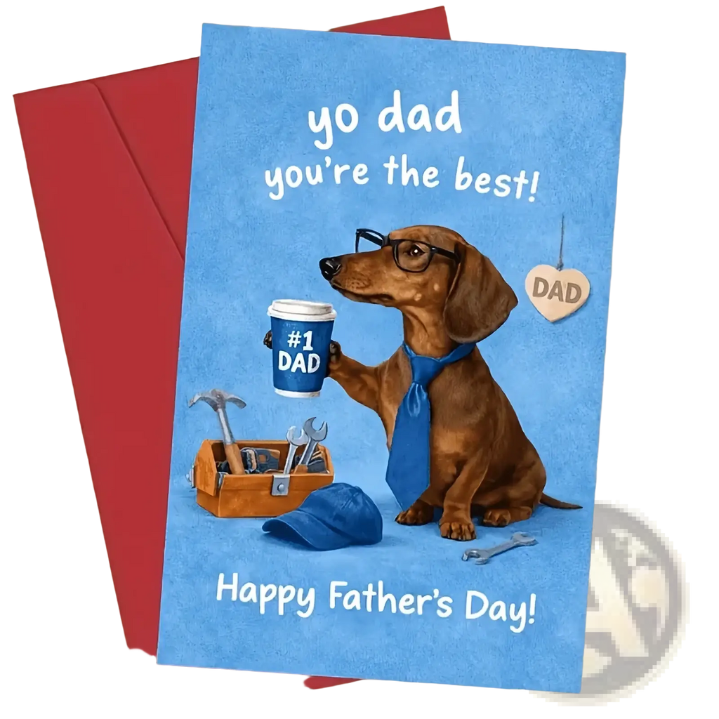 Blue dachshund fathers day greeting card with brown dachshund wearing glasses and tie holding number one dad coffee cup