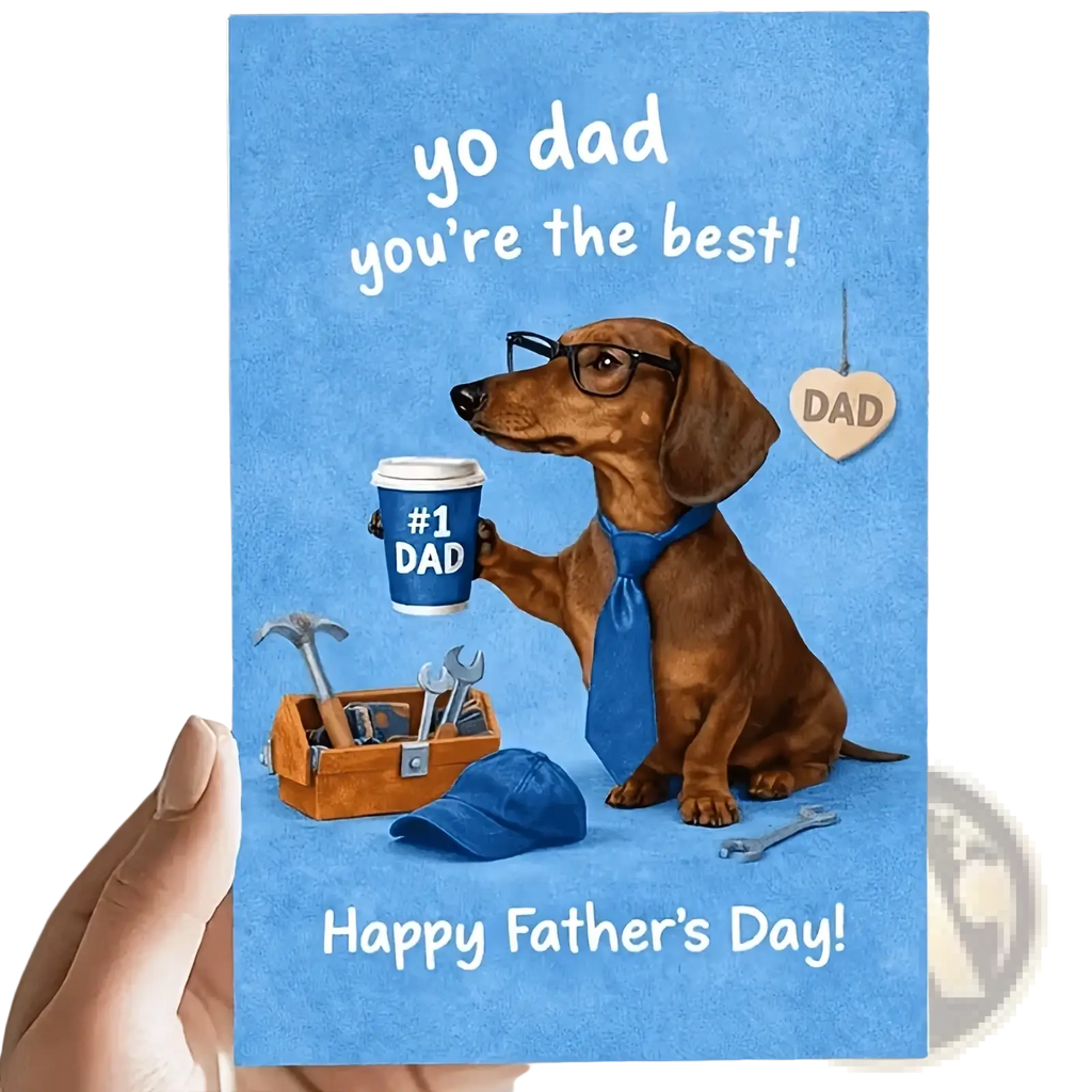 Blue dachshund fathers day greeting card featuring a brown dachshund wearing glasses and blue tie holding a coffee cup