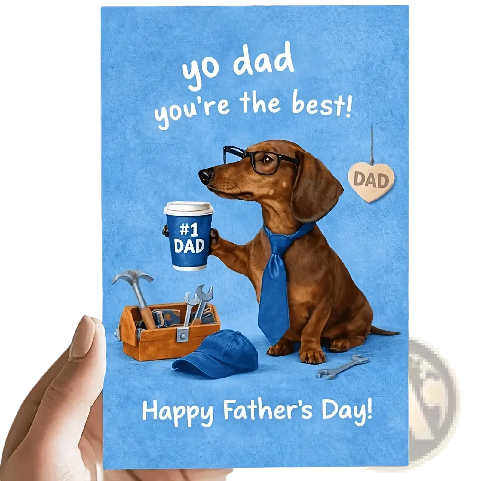 Blue dachshund fathers day greeting card featuring a brown dachshund wearing glasses and blue tie holding a coffee cup