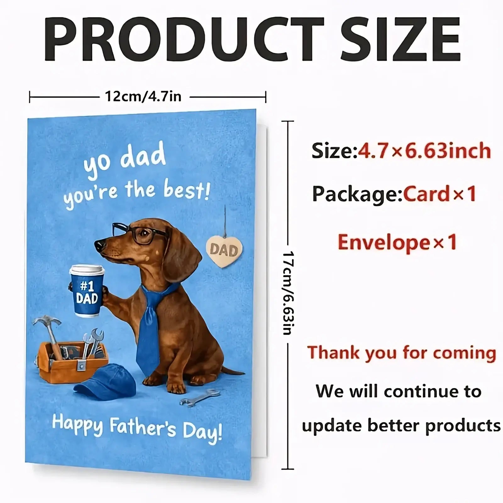 Blue dachshund fathers day greeting card featuring cartoon dog with glasses blue tie holding coffee cup and orange toolbox