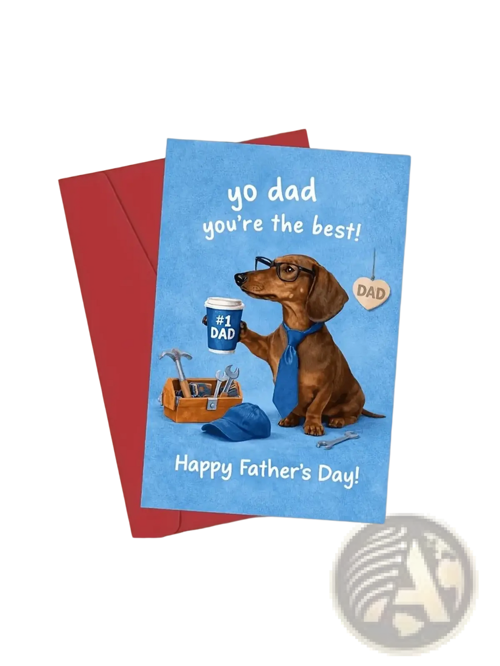 Blue dachshund fathers day greeting card featuring cartoon dog with glasses tie holding coffee cup number one dad