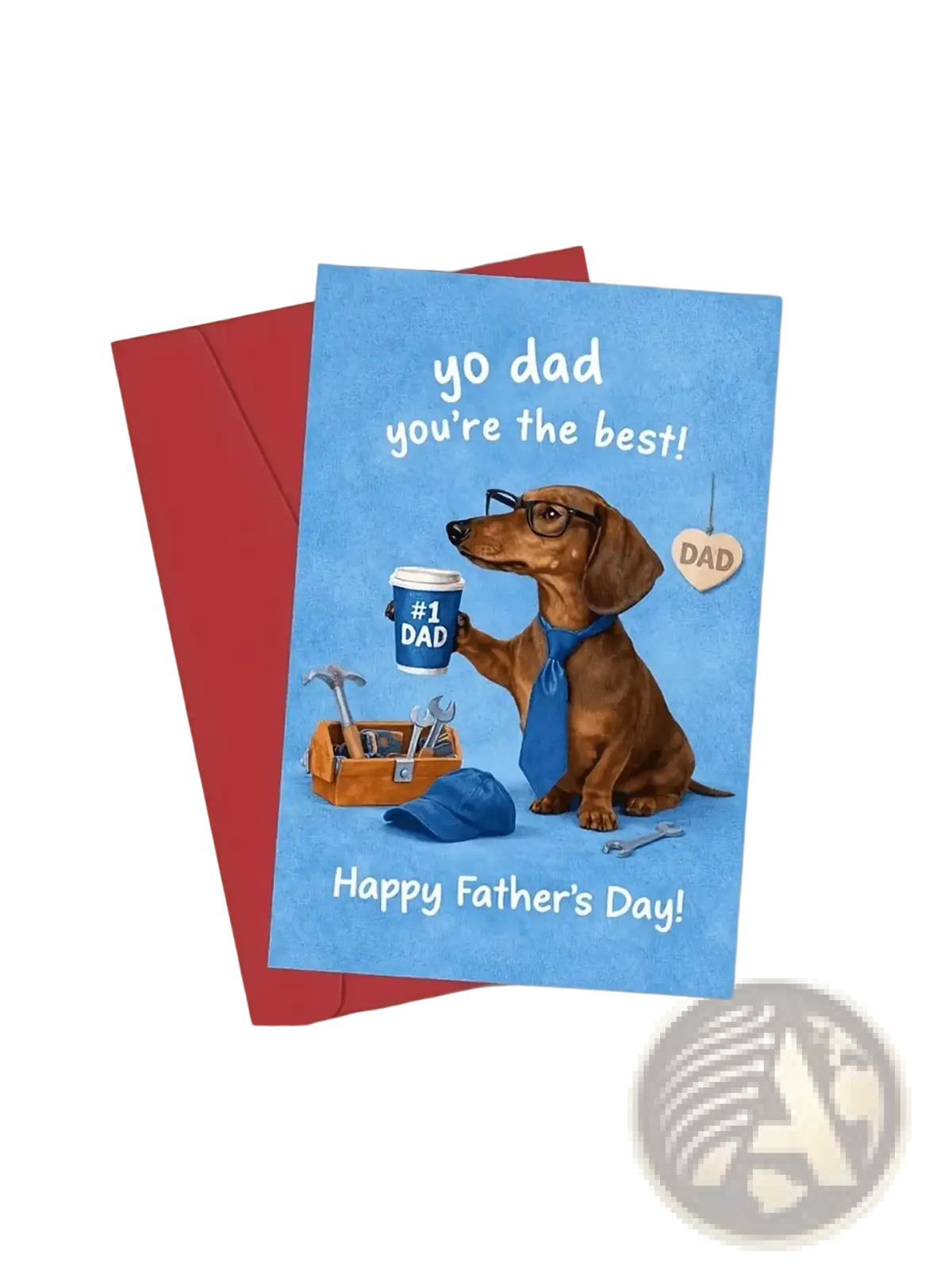 Blue dachshund fathers day greeting card featuring cartoon dog with glasses tie holding coffee cup number one dad
