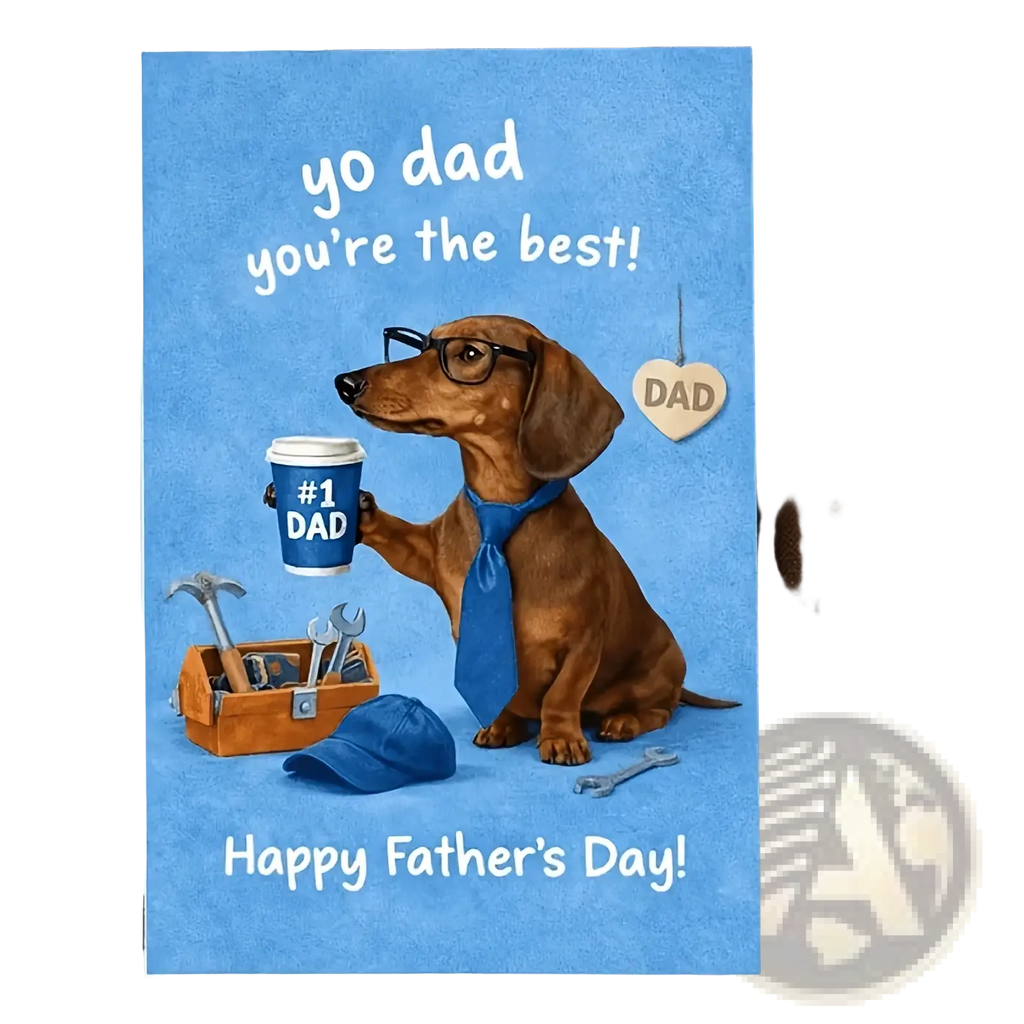 Blue dachshund fathers day greeting card with cartoon dog wearing glasses and tie holding coffee cup and tools nearby