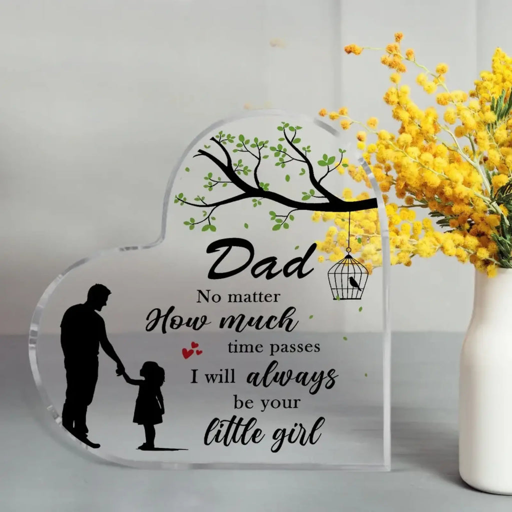 Clear acrylic heart-shaped dad plaque with black father daughter silhouettes and engraved sentimental text gift keepsake
