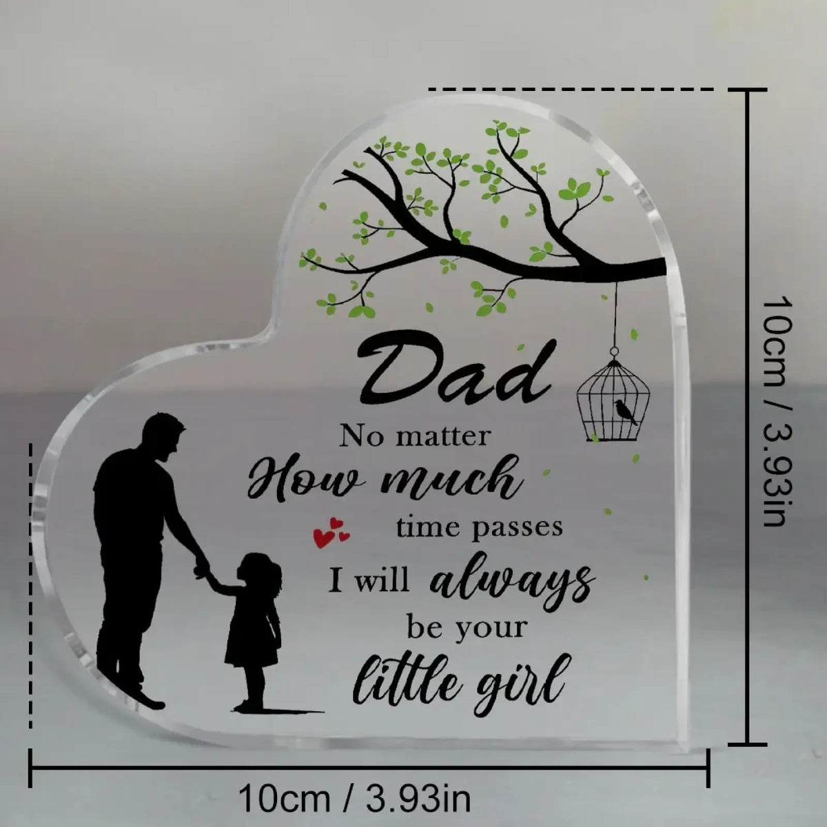 Clear heart-shaped acrylic dad plaque with black father daughter silhouettes green tree branches and sentimental inscription