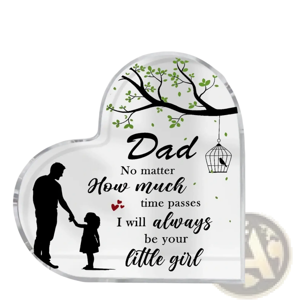 Clear heart-shaped acrylic dad plaque with black father daughter silhouettes green tree branches and sentimental inscription