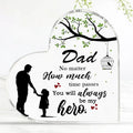 Clear heart-shaped acrylic plaque with black father and daughter silhouette and sentimental dad hero text keepsake gift