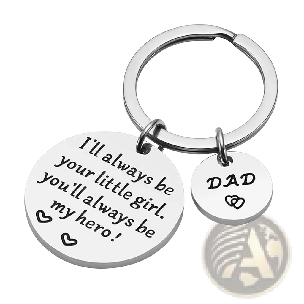 Silver stainless steel dad daughter keychain with two circular charms one engraved with ill always be your little girl