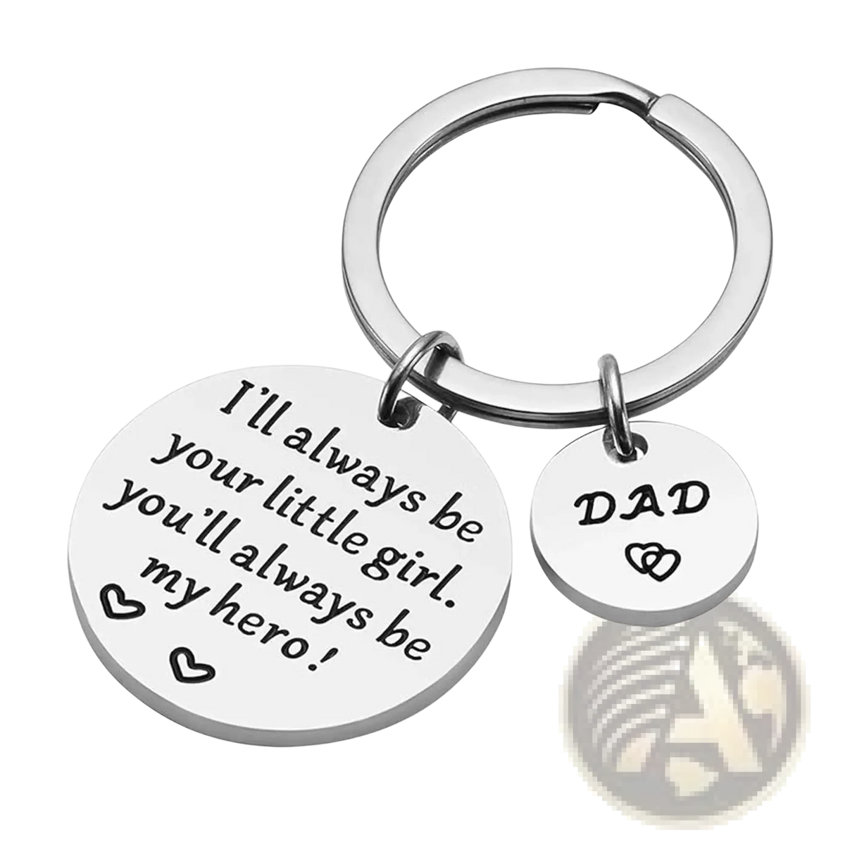 Silver stainless steel dad daughter keychain with two circular charms one engraved with ill always be your little girl