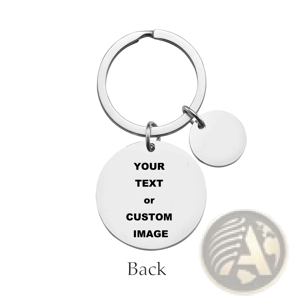 Silver stainless steel dad daughter keychain with two circular charms including an engraved customizable charm