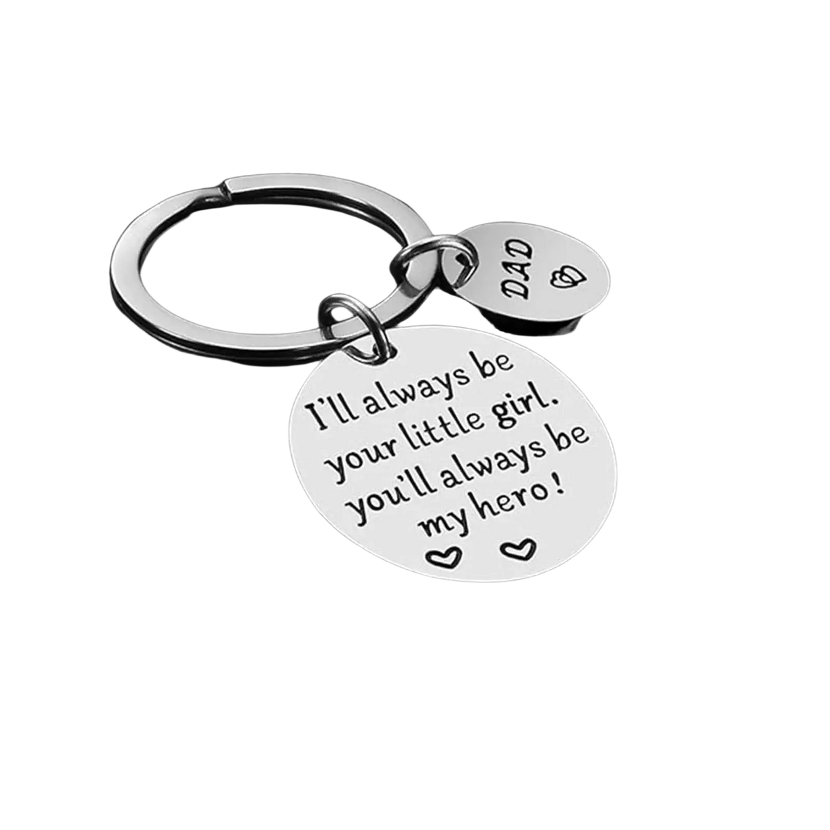 Silver stainless steel dad daughter keychain with two circular tags engraved with dad heart and a sentimental message
