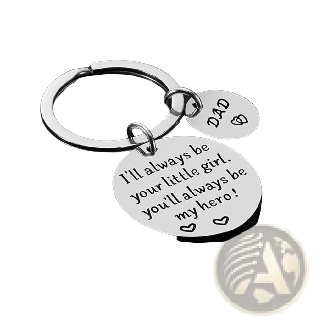 Silver stainless steel dad daughter keychain with two circular engraved tags one reading ill always be your little girl