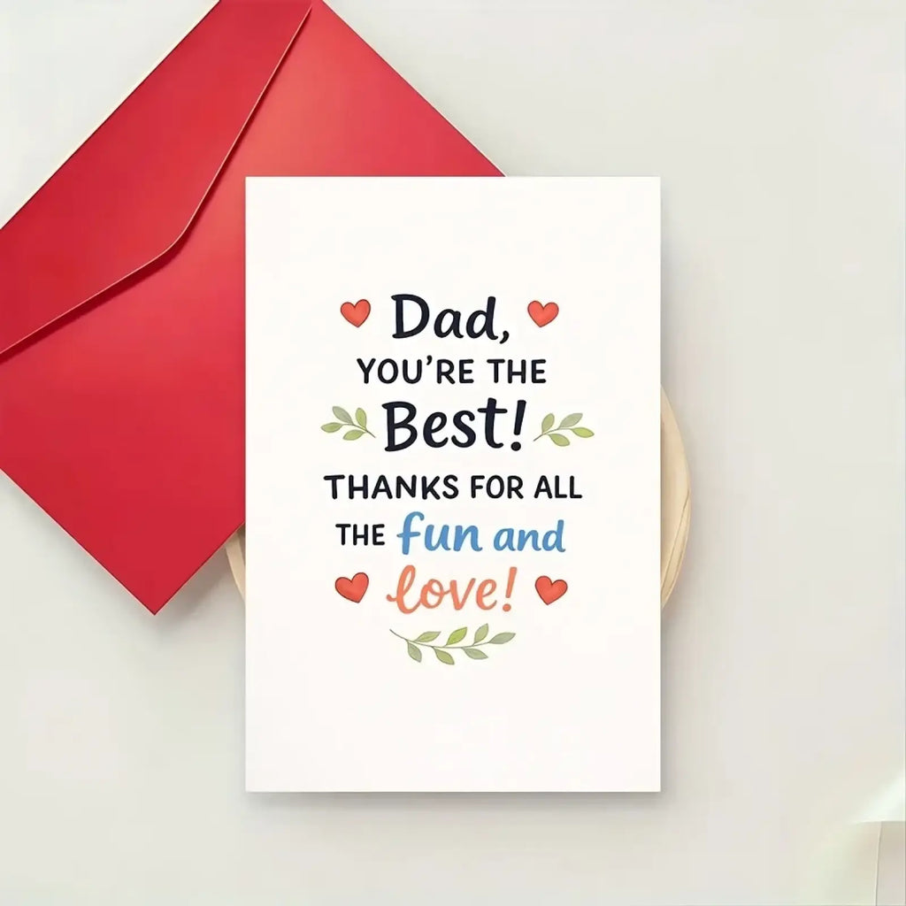 Dad fathers day greeting card with white background black blue orange text red hearts green leaves and red envelope