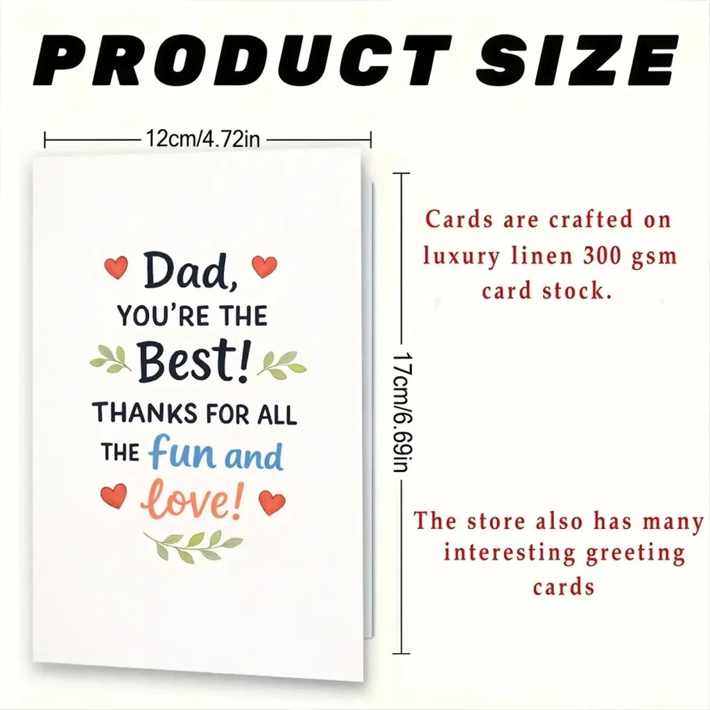 A white dad fathers day greeting card with heartfelt message red hearts green leafy accents and red envelope