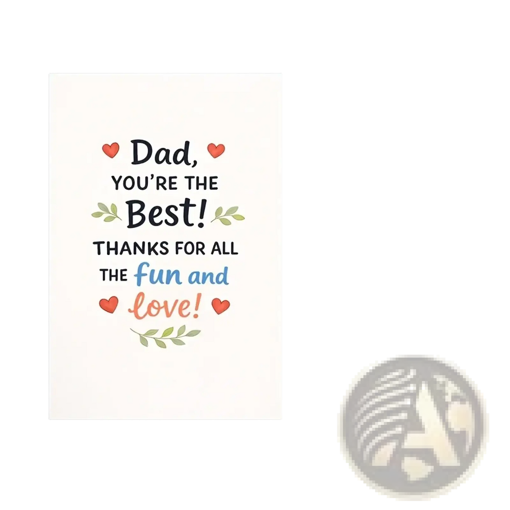 White rectangular dad father’s day greeting card with black blue coral text red hearts green leaves and red envelope