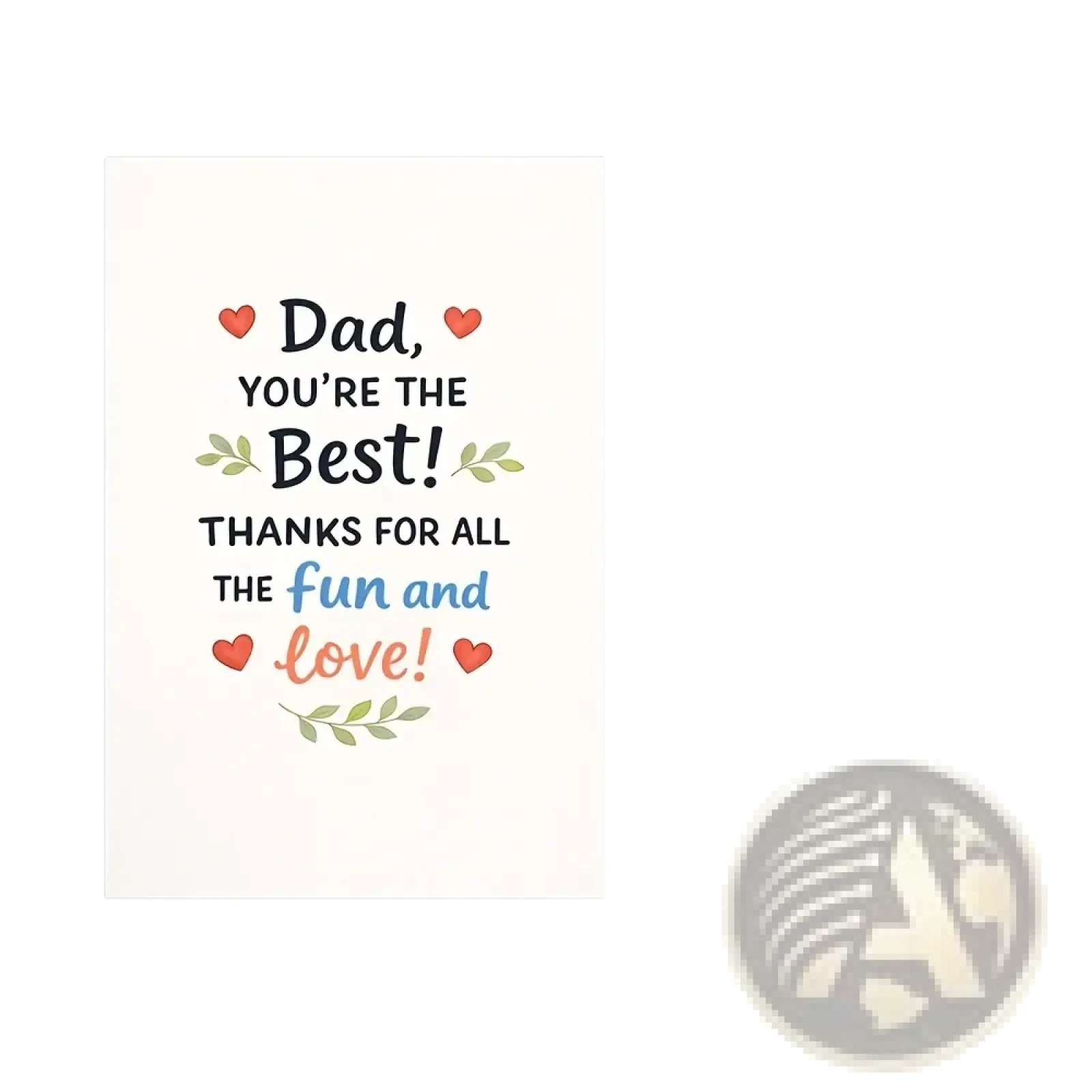 White rectangular dad father’s day greeting card with black blue coral text red hearts green leaves and red envelope