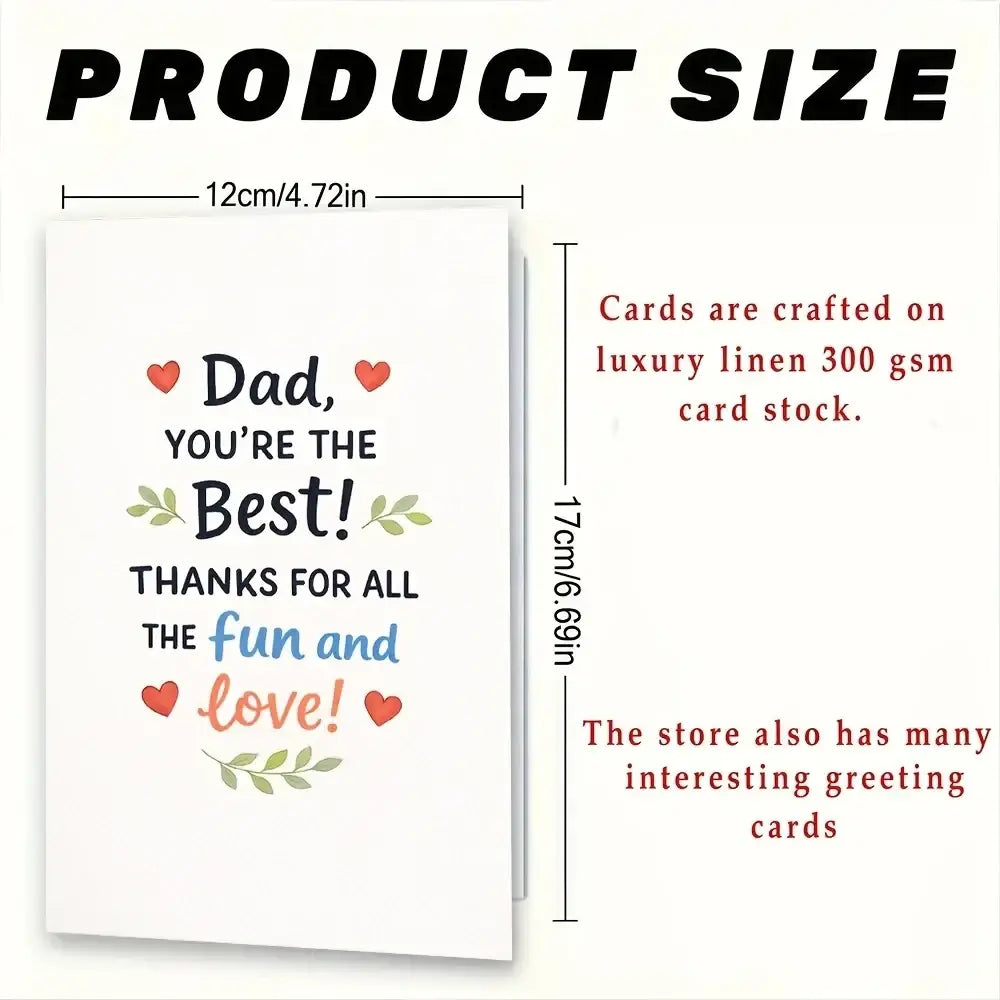 A white dad fathers day greeting card with heartfelt message red hearts green leafy accents and red envelope