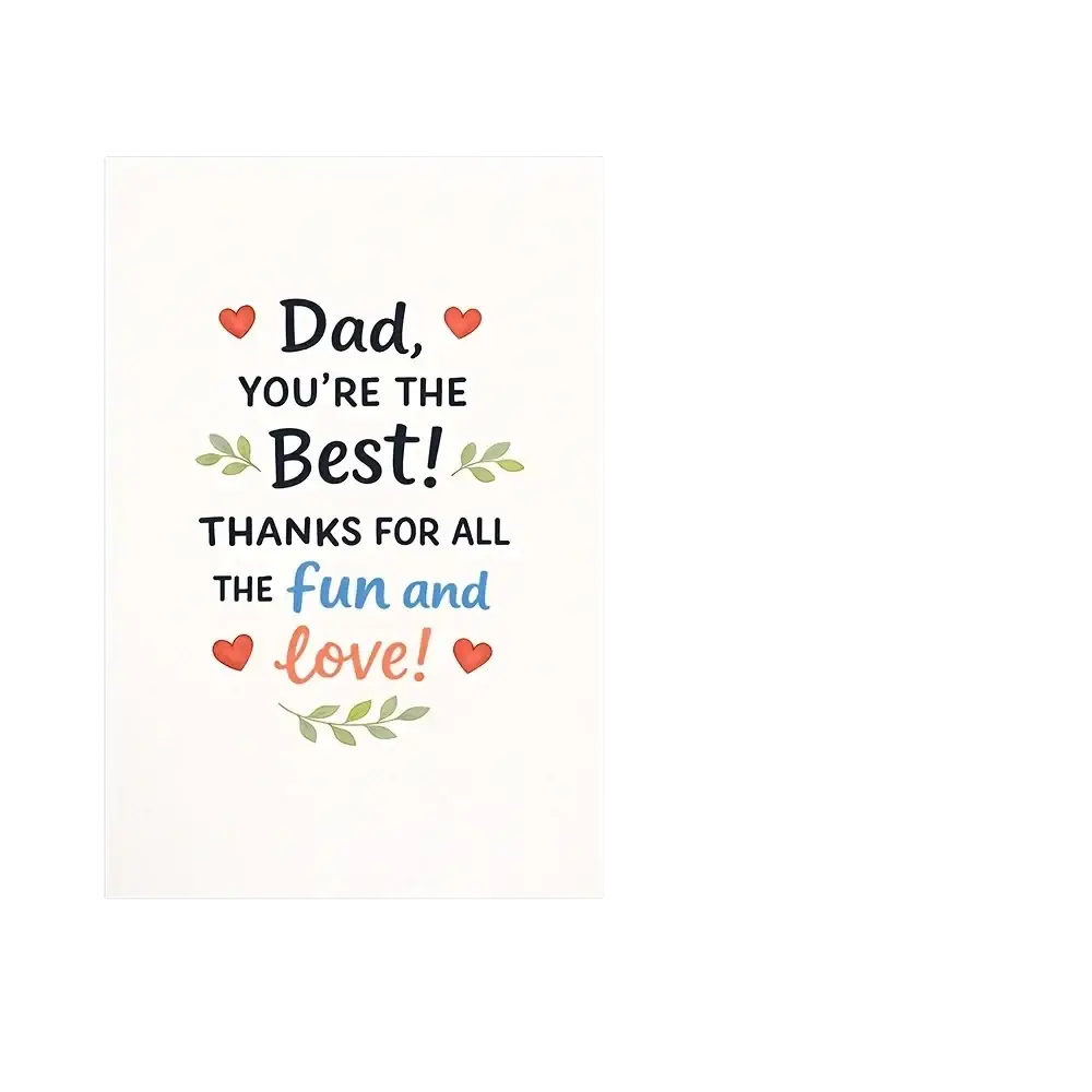 White rectangular dad father’s day greeting card with black blue coral text red hearts green leaves and red envelope