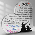 Clear heart-shaped acrylic dad heart plaque with engraved black text and father child silhouette accented by pink hearts