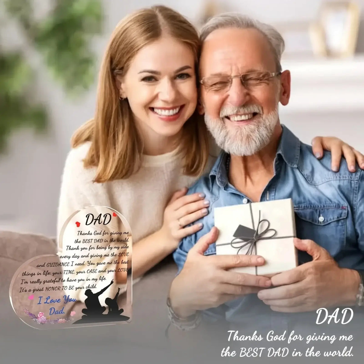 Clear heart-shaped acrylic dad heart plaque with engraved black text and silhouette design gift for father and child