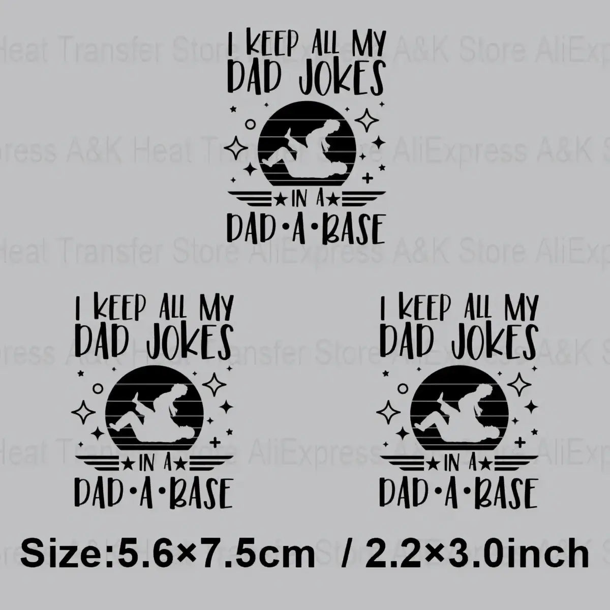 Black heat transfer iron on patch with dad joke text and baseball dad silhouette inside sunburst with stars and wings