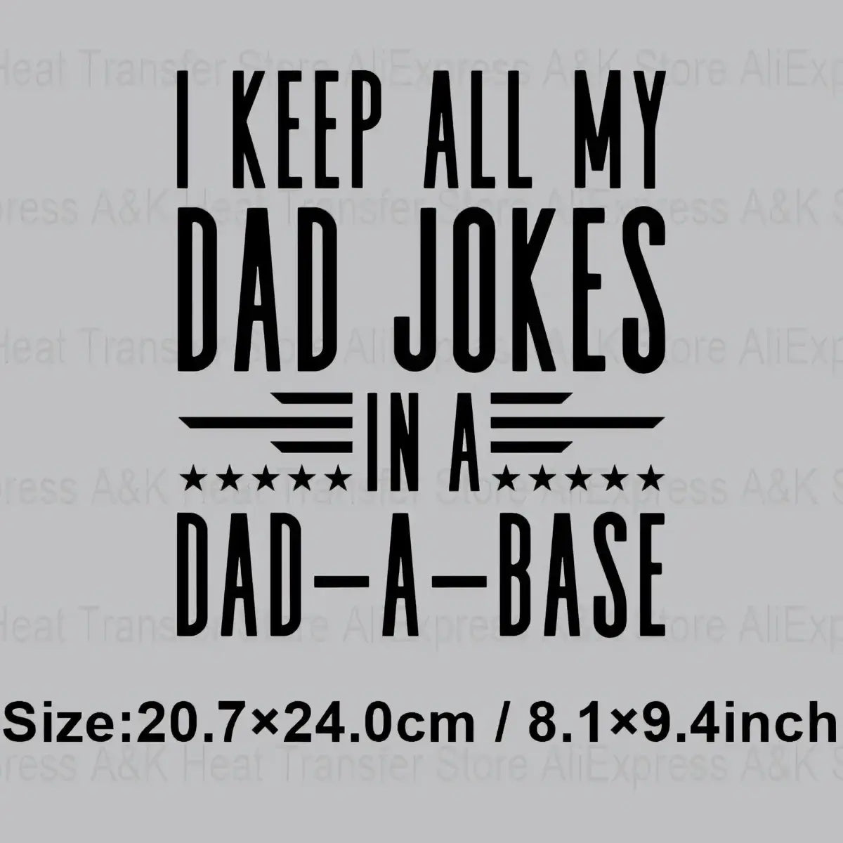 Black heat transfer iron on patch with bold dad jokes text and decorative stars measuring 20.7 by 24 cm