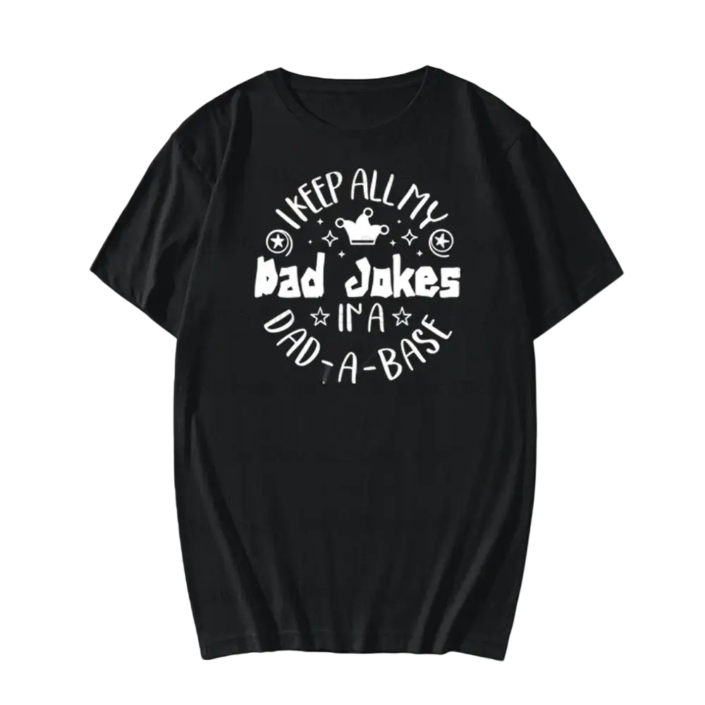 Black short-sleeved t-shirt with white dad joke heat transfer iron-on patch featuring stars and a crown graphic