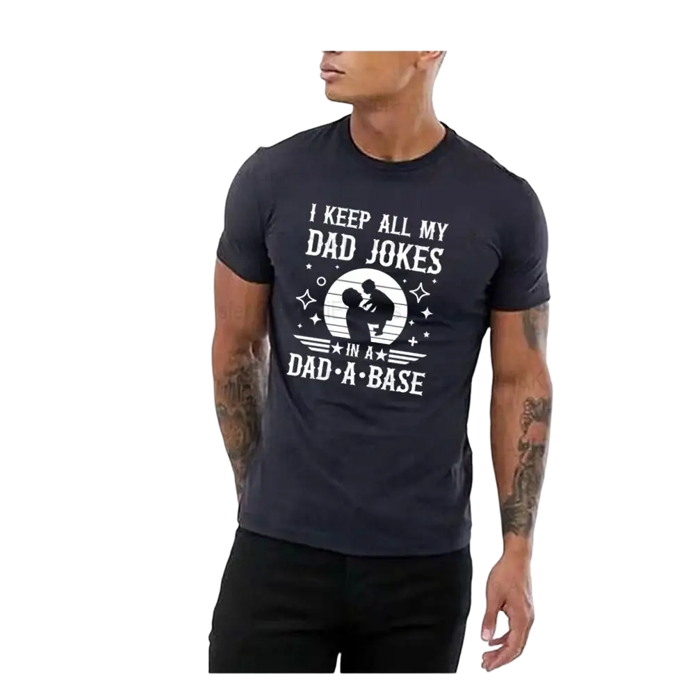 Black short-sleeved t-shirt with white dad joke heat transfer iron on patch featuring text and moon silhouette