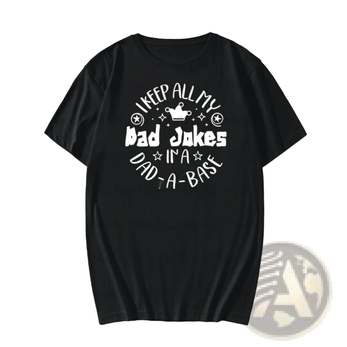 Black short-sleeved t-shirt with white dad joke heat transfer iron-on patch featuring stars and a crown graphic