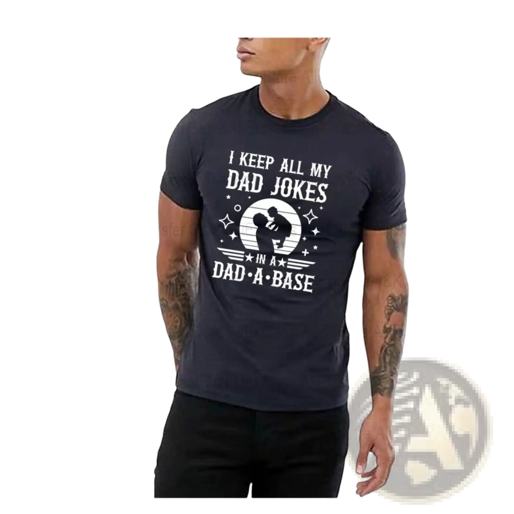Black short-sleeved t-shirt with white dad joke heat transfer iron on patch featuring text and moon silhouette