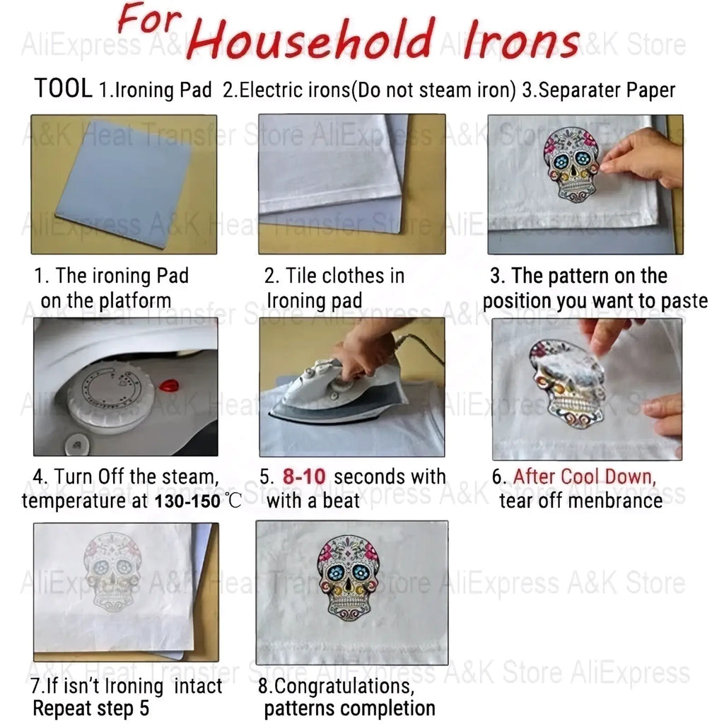 Colorful sugar skull heat transfer iron on patch for household irons in dad joke design with vibrant colors