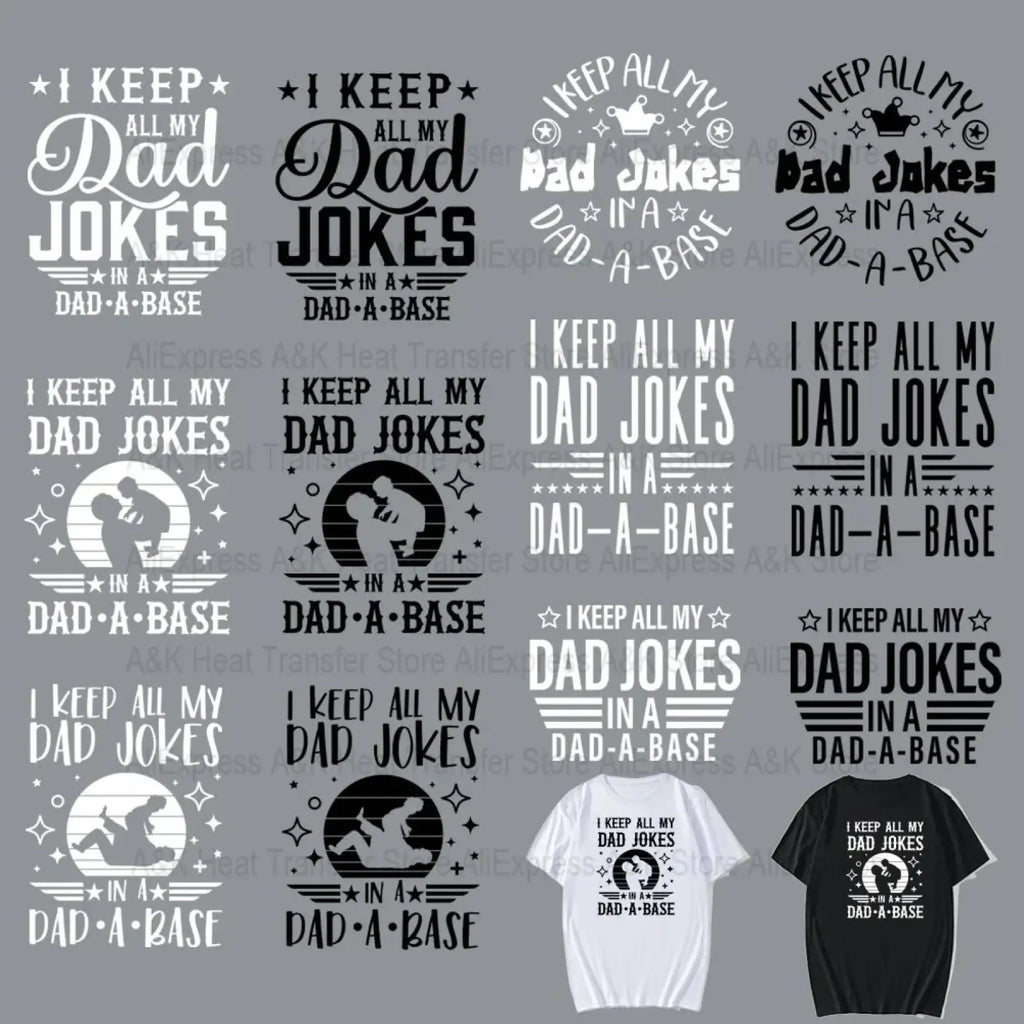 White and black dad joke heat transfer iron on patch t-shirts with dad and kid silhouettes graphic designs