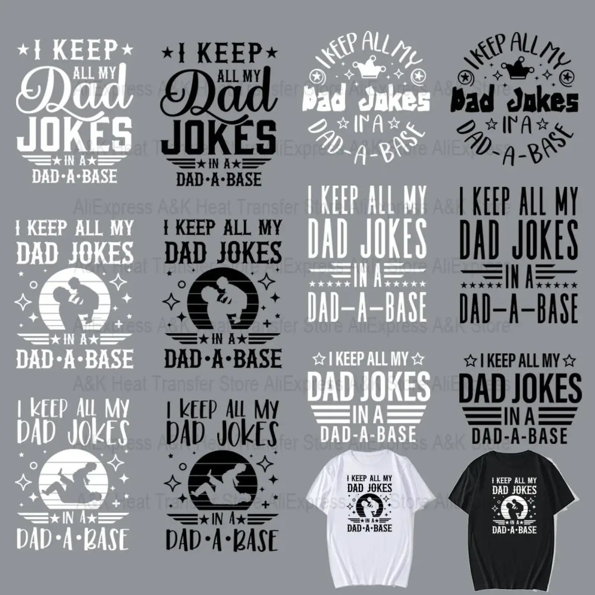 White and black dad joke heat transfer iron on patch t-shirts with dad and kid silhouettes graphic designs