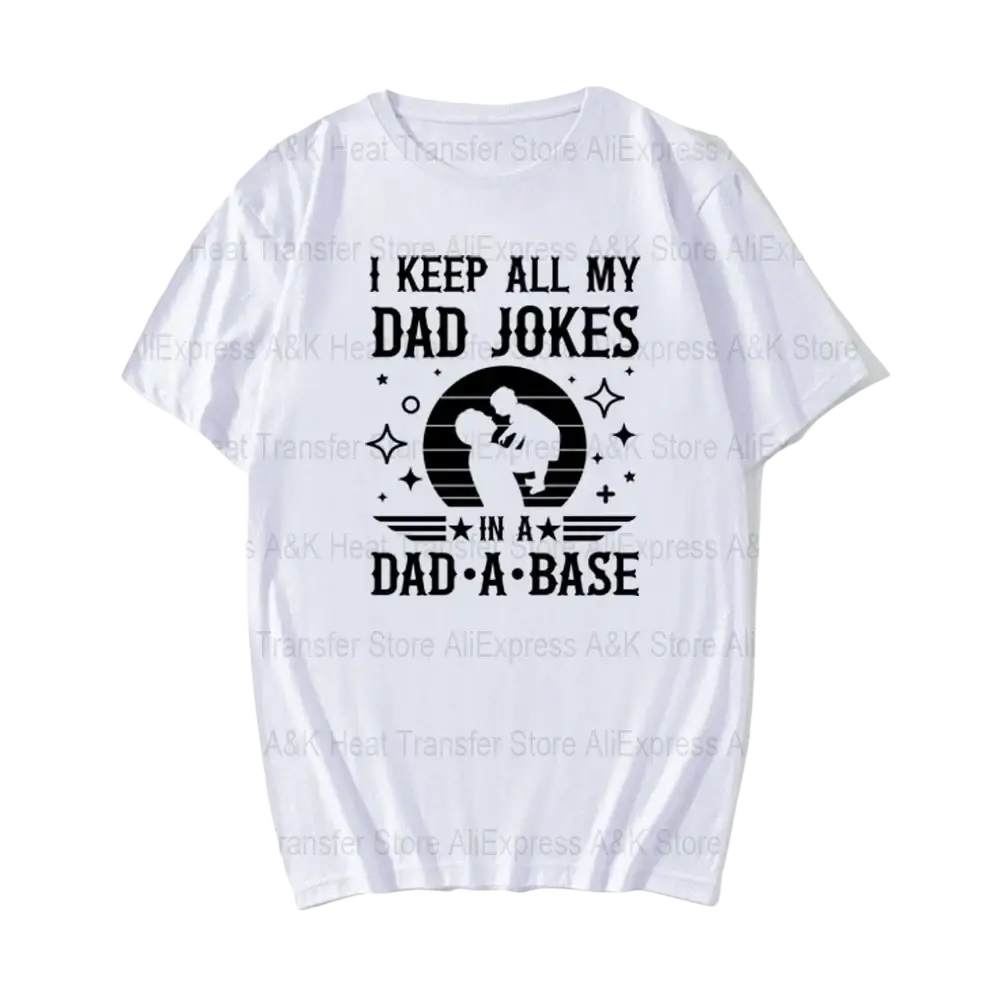 White cotton t-shirt with black dad joke heat transfer iron on patch featuring father child silhouette and text design