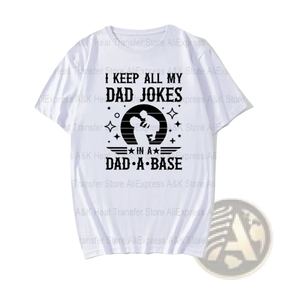 White cotton t-shirt with black dad joke heat transfer iron on patch featuring father child silhouette and text design