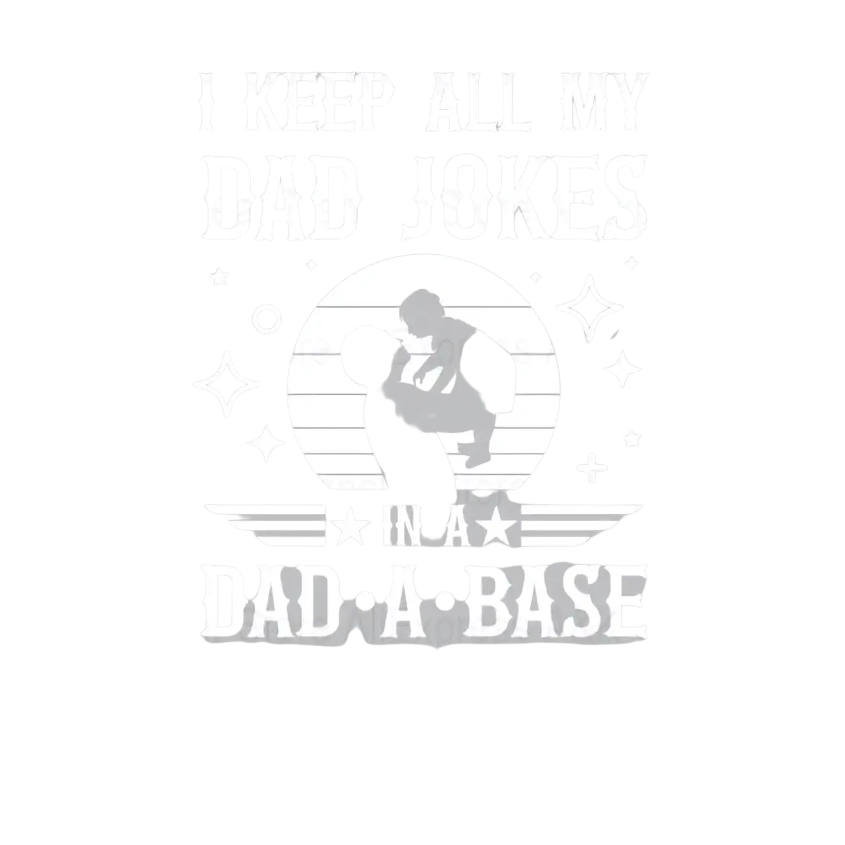White dad joke heat transfer iron on patch with father and child silhouettes against circular moon and stars backdrop