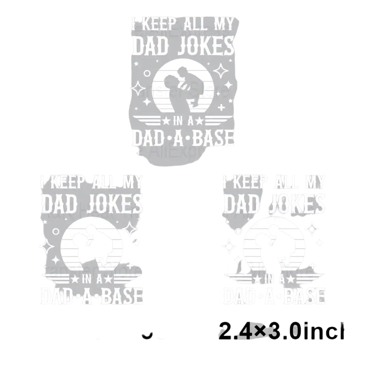 White heat transfer iron on patch with dad joke text and father child silhouette under sunburst design