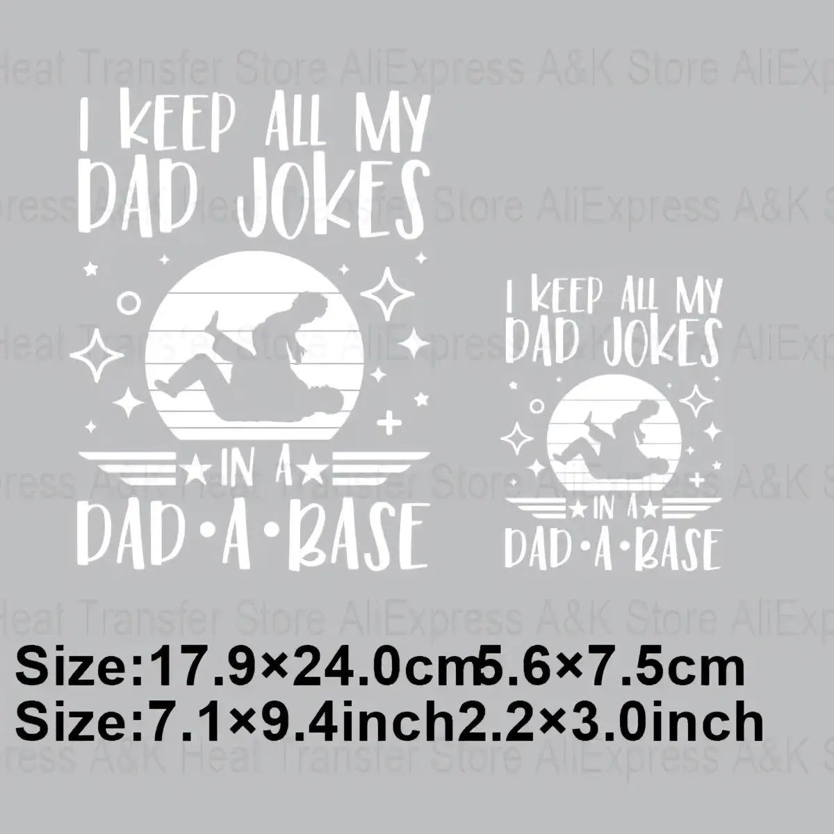 White dad joke heat transfer iron on patch featuring a silhouette of a man falling into a baseball diamond with stars