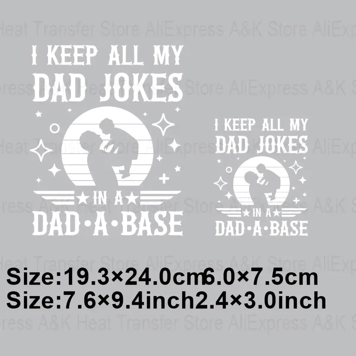 White dad joke heat transfer iron on patch with silhouettes of father and son against a moon backdrop