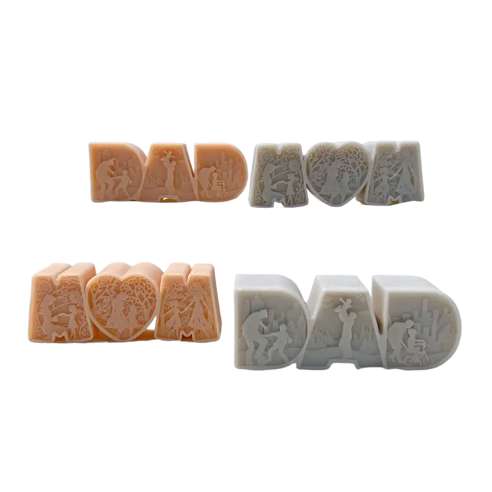 Beige and white silicone candle mold shaped as dad mom and heart with intricate carved family scenes