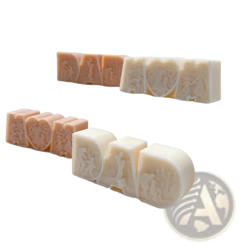 Beige and off-white soap bars shaped like dad featuring intricate carved designs made with dad mom letter silicone candle mold