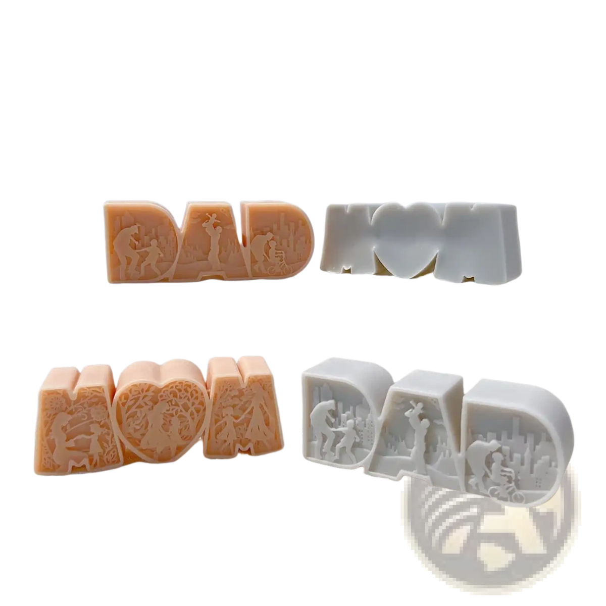 Beige and white silicone candle mold shaped dad and mom with intricate family scene cut-outs for soap bars