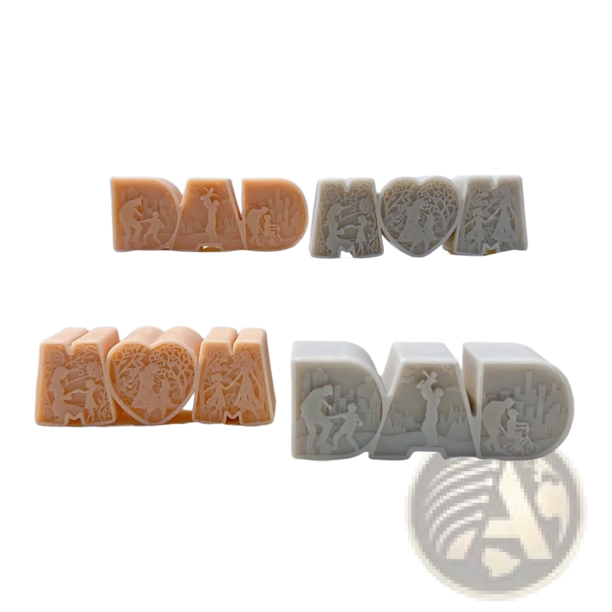 Beige and white silicone candle mold shaped as dad mom and heart with intricate carved family scenes