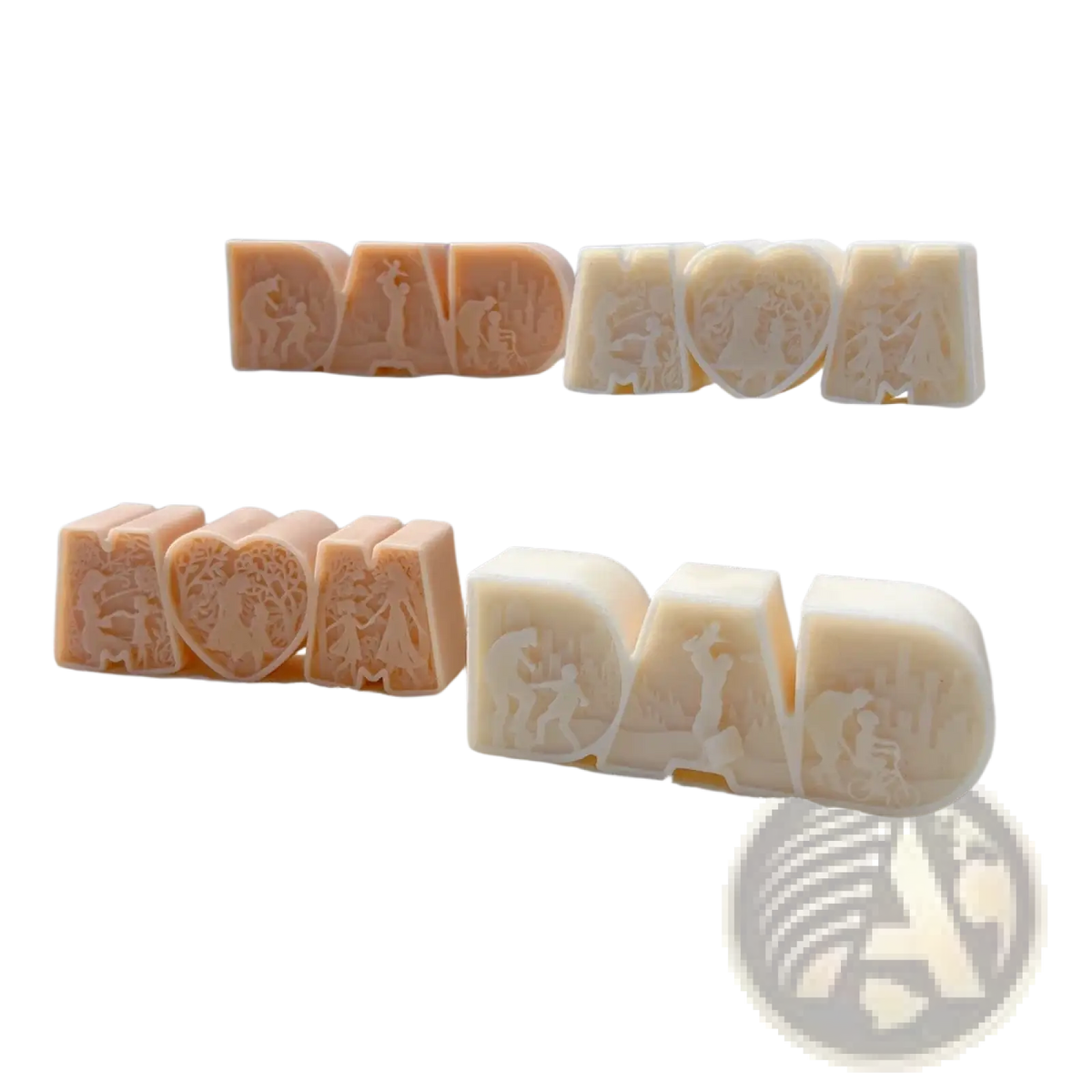 Beige and off-white silicone candle mold shaped dad and mom with carved family scenes for personalized candles