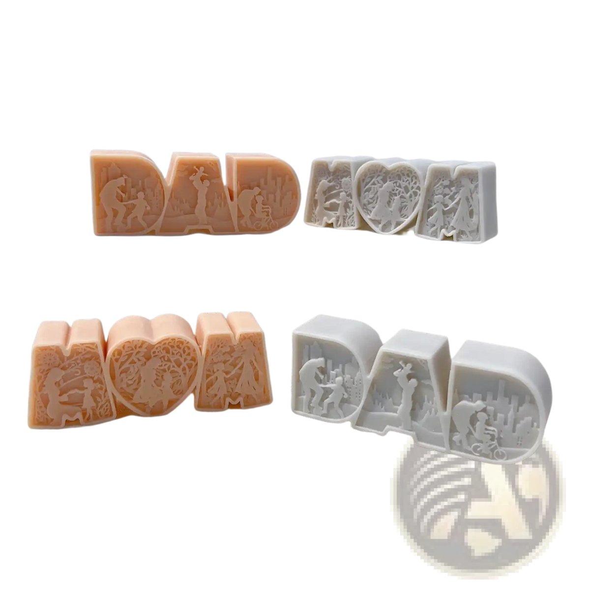 Beige and white soap bars shaped like dad and mom with intricate carved family scenes made using silicone candle mold