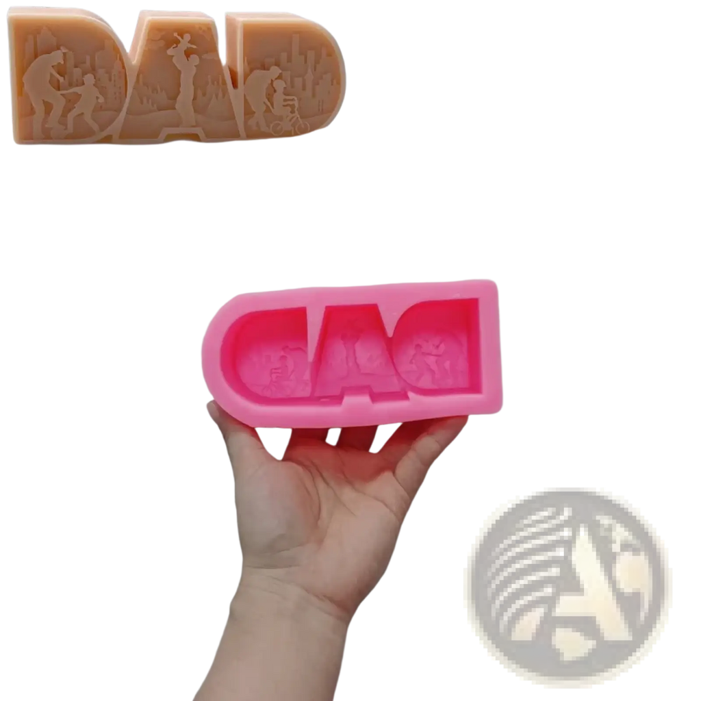 Pink silicone candle mold shaped like dad with embossed father son activity silhouettes for dad mom letter candles