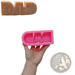 Pink silicone candle mold shaped like dad with embossed father son activity silhouettes for dad mom letter candles