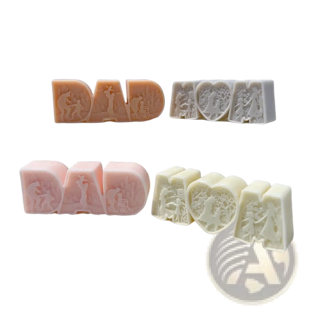 Soft peach dad soap bars with carved father son scenes and matching white cream mom soaps with heart cutouts in silicone candle mold
