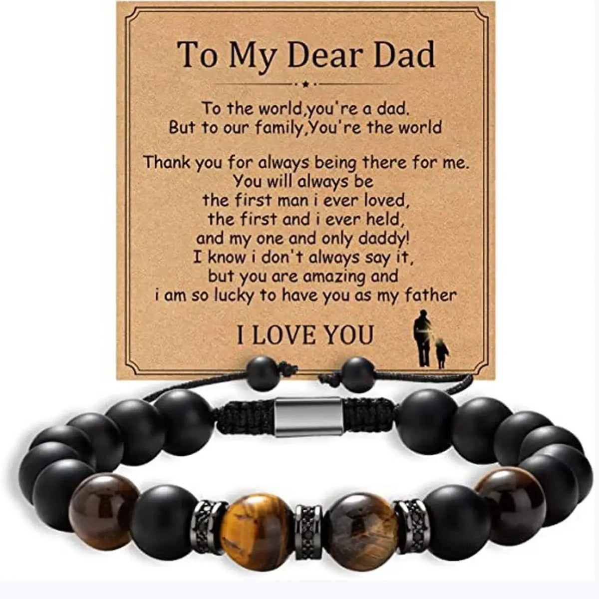 Dad tiger eye stone beaded bracelet with black beads, tiger eye stones, and silver-toned metal accents