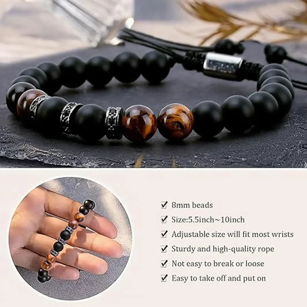 Dad tiger eye stone beaded bracelet featuring black and tiger eye beads with silver toned metal spacers
